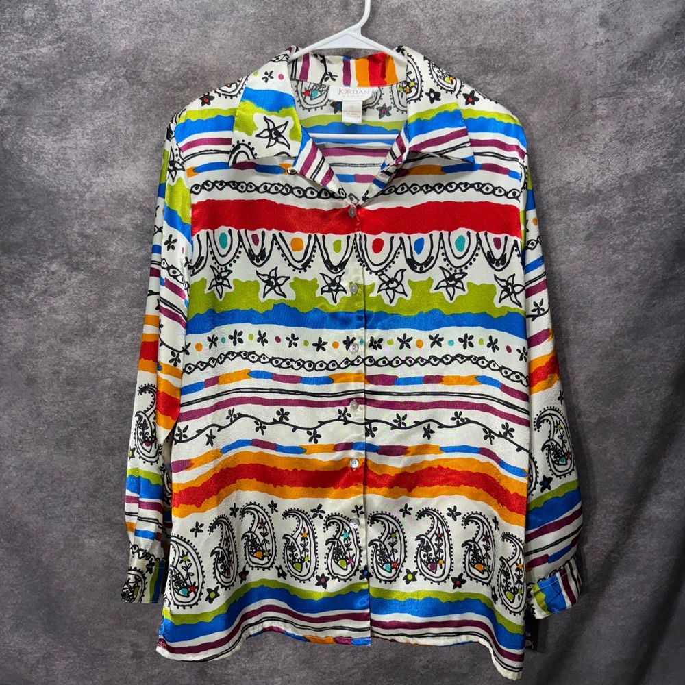 Vintage 90s Jordan Paisley Colorful Satin Button Up Shirt Blouse Size 18 Artsy